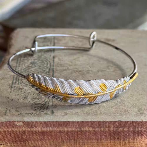 Apollo Feather Bangle Bracelet Adjustable Silver Plated Artisan Made Per Pc