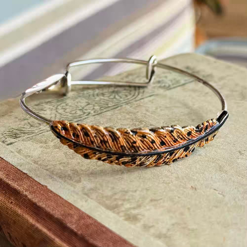 Speckled Rust Feather Bangle Bracelet Adjustable Silver Plated Artisan Made Per Pc