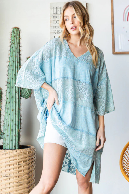 Blue Lace Top Mixed Media Boxy Tee Frayed Hem Oli&Hali
