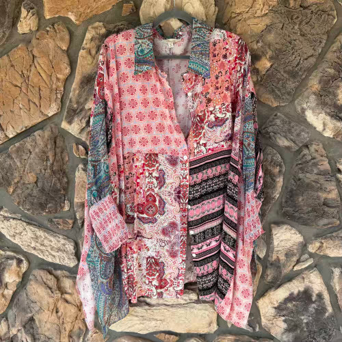 Thee Artist Top Button Down Floral Print Batwing Sleeves Boxy Fit Oli&Hali