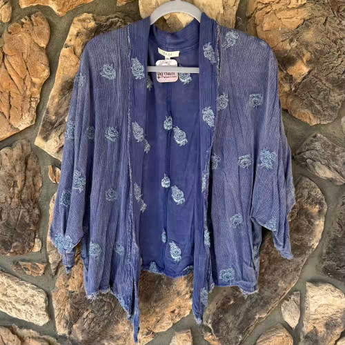 Blue Roses Cropped Kimono Frayed Hem Boxy Fit Oli&Hali