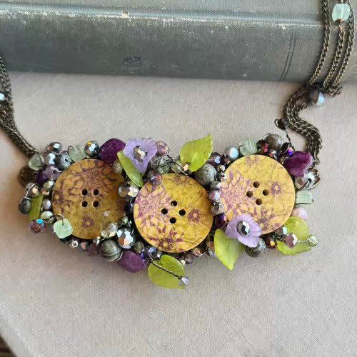 Grapevine Festival Button Collage Necklace Woven Wire Chain Artisan Made Per Pc