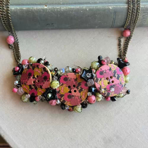 Rose Vibes Button Collage Necklace Woven Wire Chain Artisan Made Per Pc