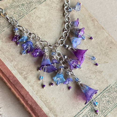 Petals & Patinas Necklace Larkspur Hand Painted Bellflowers Silver Chain Artisan Made Per Pc