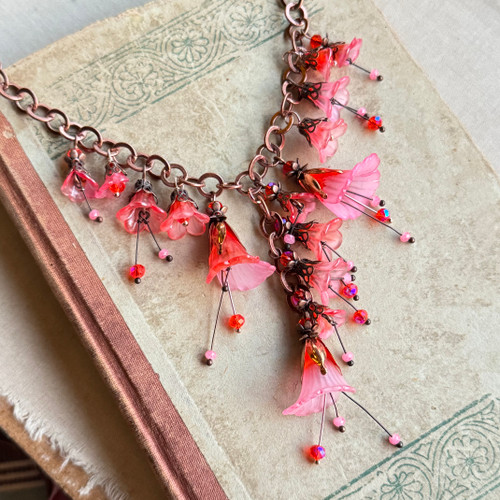 Petals & Patinas Necklace Lantana Hand Painted Bellflowers Copper Chain Artisan Made Per Pc
