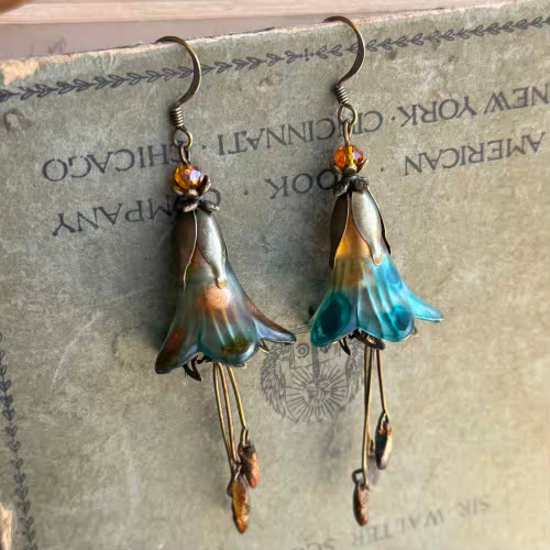 Teal Trumpet Flower Earrings Brass Artisan Made in the USA Pair