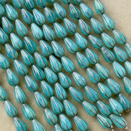 13x7mm Melon Drop Beads Czech Glass Blue Opal Mercury 10Pcs Per Strand