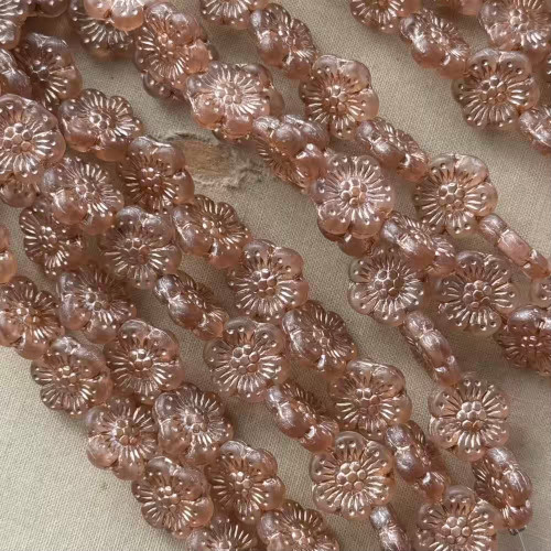 14mm 6 Petal Flower Beads Czech Glass Sepia Rose Gold 12Pcs Per Strand