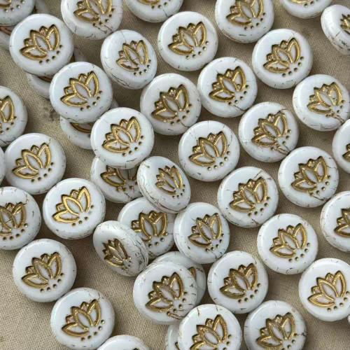 14mm Lotus Flower Coin Beads Czech Glass Gilded Alabaster 12Pcs Per Strand