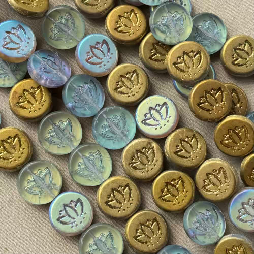 14mm Lotus Flower Coin Beads Czech Glass Gilded Moonlight AB 12Pcs Per Strand