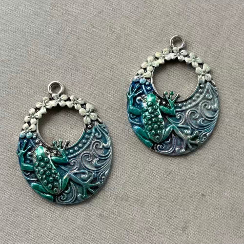 Ribberta Frog Flower Drop Small Pendant Artisan Hand Painted 42x32mm Per Pair