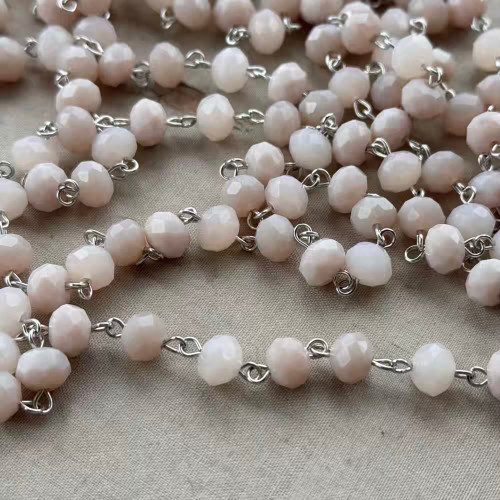 Iced Chai Latte Beaded Rosary Chain 8mm Crystal Rondelle Antique Silver Plated Per Foot
