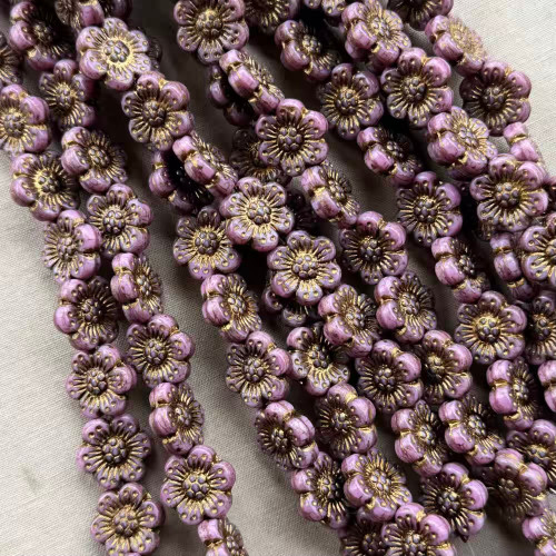 14mm 6 Petal Flower Beads Czech Glass Gilded Vintage Verbena 12Pcs Per Strand