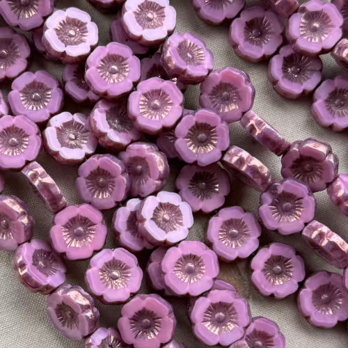12mm Window Cut Flower Beads Czech Glass Vintage Verbena 12Pcs Per Strand