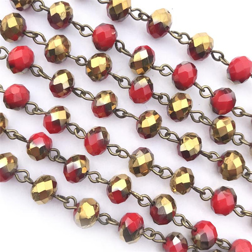Anastasia Red Gold Beaded Rosary Chain 8mm Crystal Rondelle Antique Brass Plated Per Foot