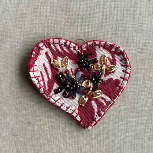 74x65mm Fabric Heart Pendant Crimson Zebra Embroidered Stitched Mixed Media Per Pc