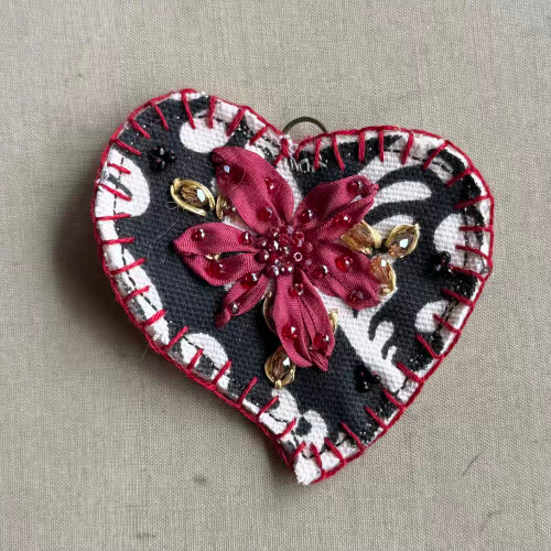 70x63mm Fabric Heart Pendant Crimson Noir Embroidered Stitched Mixed Media Per Pc