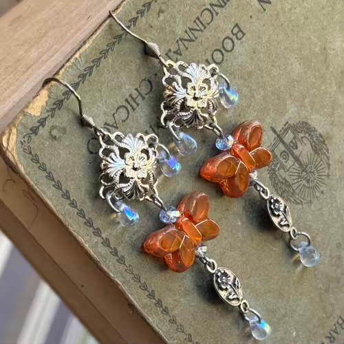 Amber Butterfly Dangle Earrings Artisan Made in the USA Per Pair