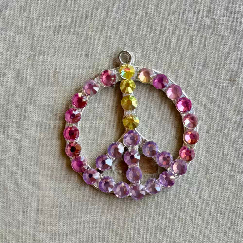 Pink Rhinestone Peace Sign Pendant Artisan Made 45x40mm Per Pc