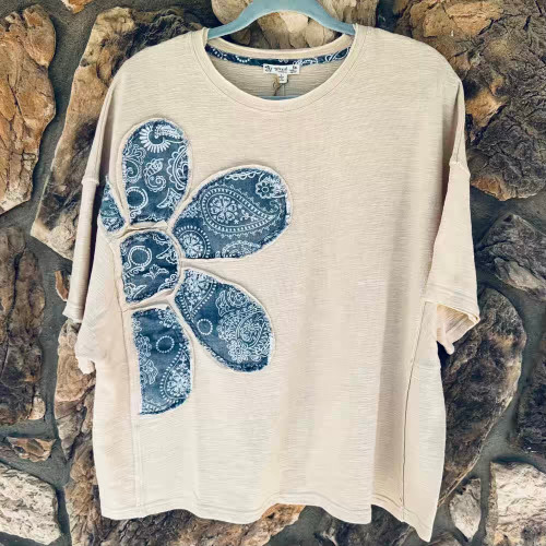 Floral Patch Pullover Top Terry Knit Cream Khaki Light Easel