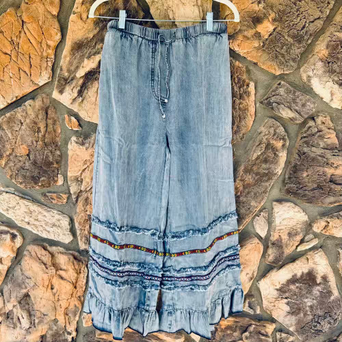 Chambray Ruffle Pants Bloomers Blue Stone Washed Easel Stretchy Waist