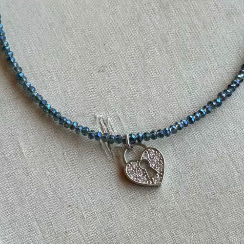 Key to My Blue Heart Choker Minimal Necklace Artisan Made Crystal 12" Per Pc