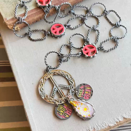 Groovy Peace Sign Flower Power Soldered Pendant Necklace Chain Artisan Made in the USA Per Pc