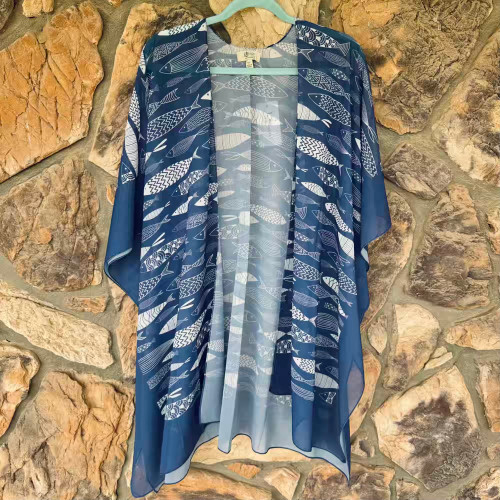 Navy Blue Fish Sardines Shawl Short Kimono Shawl JC Sunny One Size