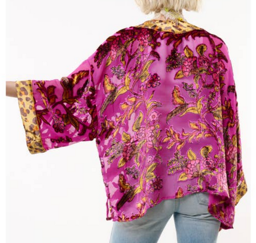 Fuchsia Leopard Holiday Jewels Burnout Velvet Kimono Cropped Aratta O/S