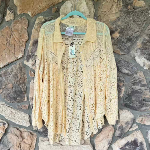 Floral Medley Tea Stain Lace Button Down Shacket Top Jaded Gypsy