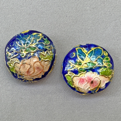 Cobalt Peony Flower Cloisonne Enamel Coin Beads 18mm Gold Plated Alloy Q4 Per Pkg