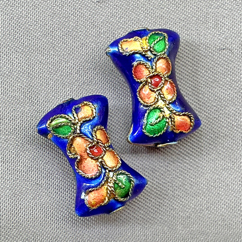 Cobalt Flower Blossom Cloisonne Enamel Hourglass Beads 16x10mm Gold Plated Alloy Q4 Per Pkg