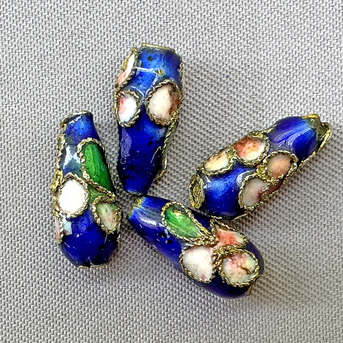 Cobalt Flower Blossom Cloisonne Enamel Teardrop Beads 12x6mm Gold Plated Alloy Q6 Per Pkg