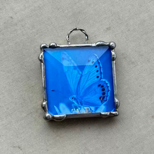 Blue Butterflies Without Change Pendant Artisan Soldered Tinwork 50x40mm Per Pc