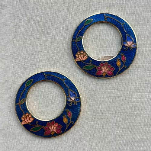 Cobalt Clematis Cloisonne Enamel Concave Donut Pendants 36mm Gold Plated Alloy Q2 Per Pkg