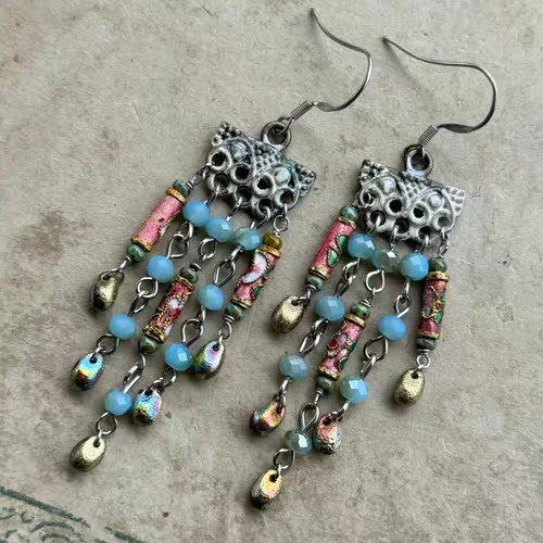 Pastel Blossom Cloisonne Chandelier Earrings Artisan Made in the USA Per Pair