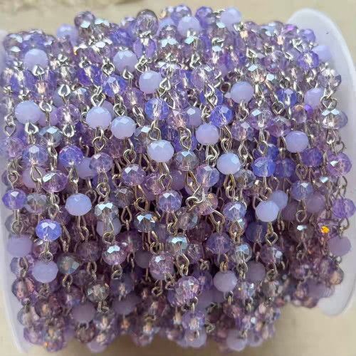 Wisteria Blossom Beaded Rosary Chain 6mm Crystal Rondelle Antique Silver Plated Per Foot