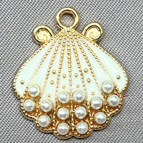 Imitation Pearl White Enamel Clam Shell Charms 20x18mm Gold Plated Alloy Q10 Per Pkg
