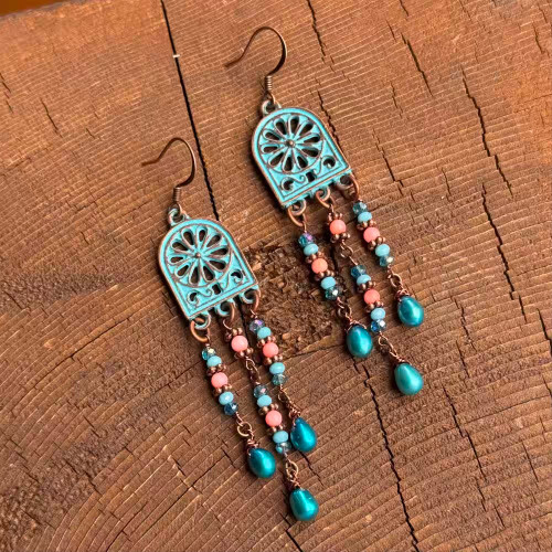 Windows to the Boheme Chandelier Earrings Pink Blue Copper Artisan Made in the USA Per Pair