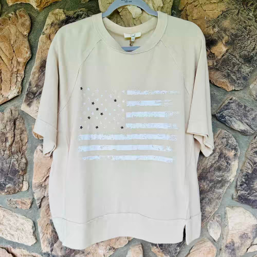Stars and Stripes Pullover Top Terry Knit Khaki Oatmeal Shirt Easel