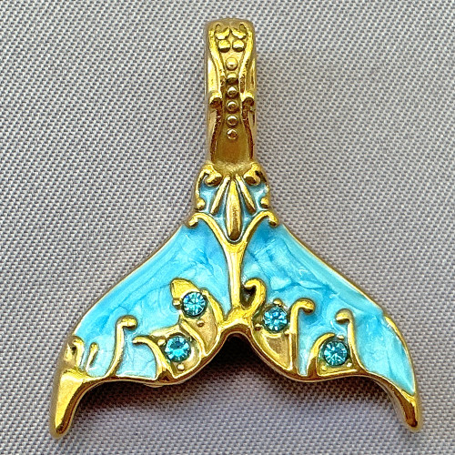 Sky Blue Enamel Rhinestone Whale Tail Pendants 30x27mm 18kt Gold Plated 304 Stainless Steel Q1 Per Pkg