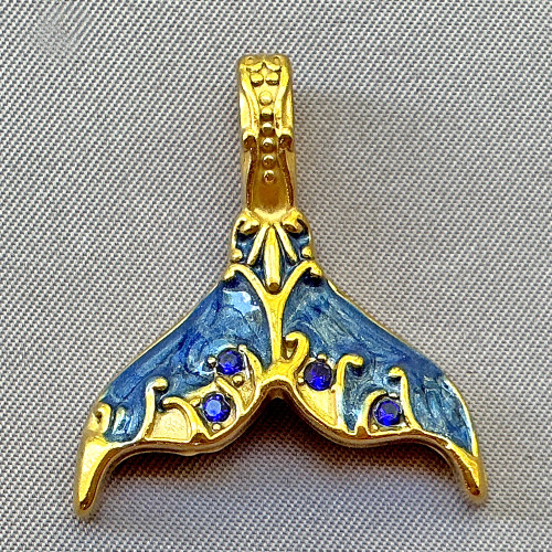 Navy Blue Enamel Rhinestone Whale Tail Pendants 30x27mm 18kt Gold Plated 304 Stainless Steel Q1 Per Pkg
