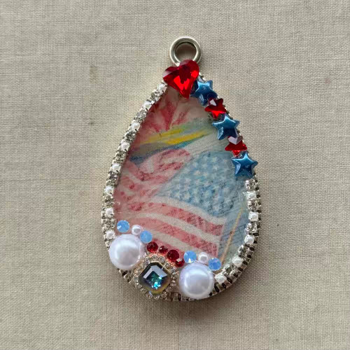 OOAK Ole Glory USA Americana Drop Pendant Rhinestones Resin Artisan Made Per Pc