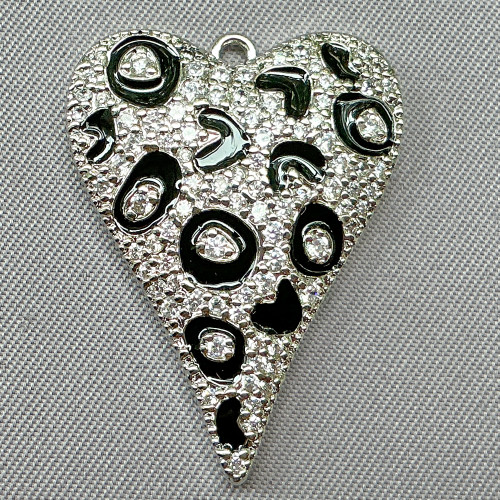 Micro Pave CZ Enamel Leopard Heart Charms 30x22mm Platinum Plated Brass Q1 Per Pkg