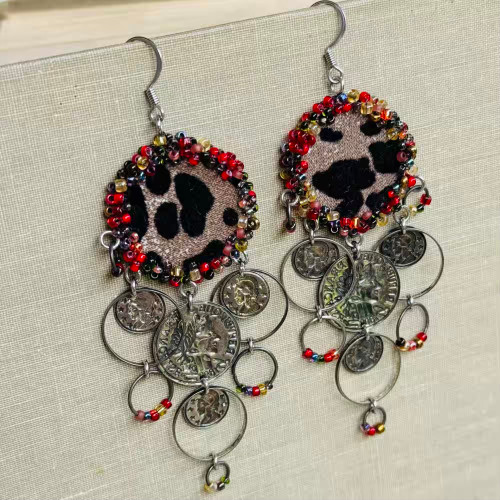 Leopard Scarlet Bohemia Dangles Earrings Coins Artisan Made in the USA Per Pair