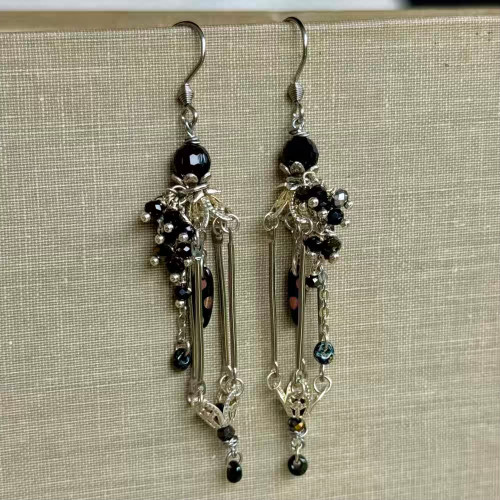 Jet Black Lanterns Earrings Silver Artisan Made in the USA Per Pair