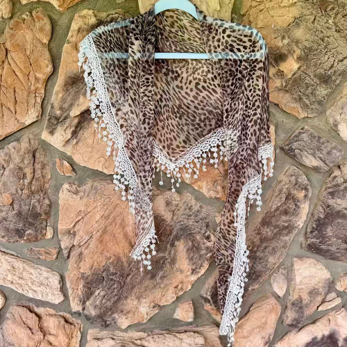Leopard Wild Print Rosette Lace Scarf Shawl Ash One Size