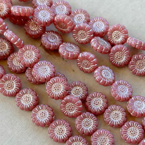 13mm Sunflower Beads Czech Glass Pink Opal White Gold 10Pcs Per Strand