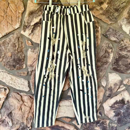 Endless Journey Striped Crop Pants Black Cream Denim Patchwork Distressed All Cotton Jaded Gypsy