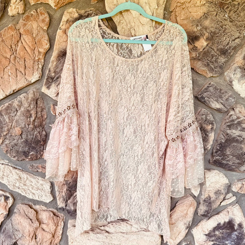 Dusty Rose Lace 3/4 Sleeve Ruffles Top Origami